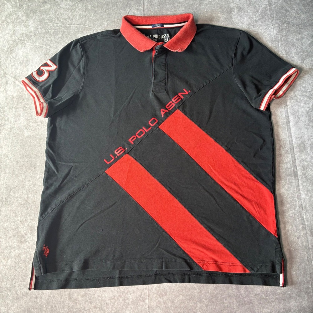 US Polo Assn Mens XL Black Red Diagonal Stripe Cheif Keef style Polo Shirt